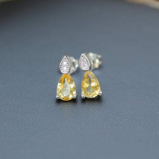 Natural Citrine Pear-Shape Stud Earrings with Cubic Zirconia Accents