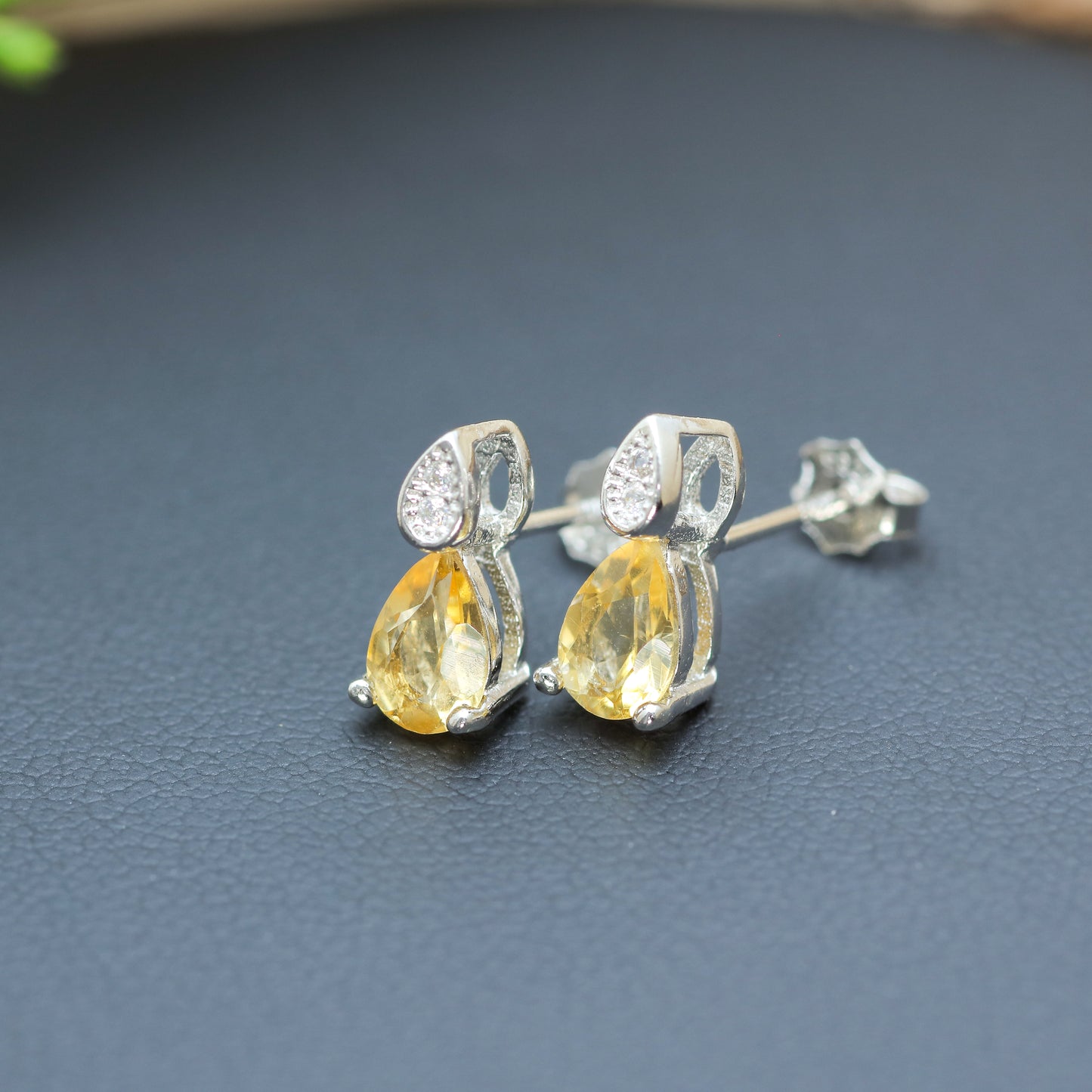 Natural Citrine Pear-Shape Stud Earrings with Cubic Zirconia Accents