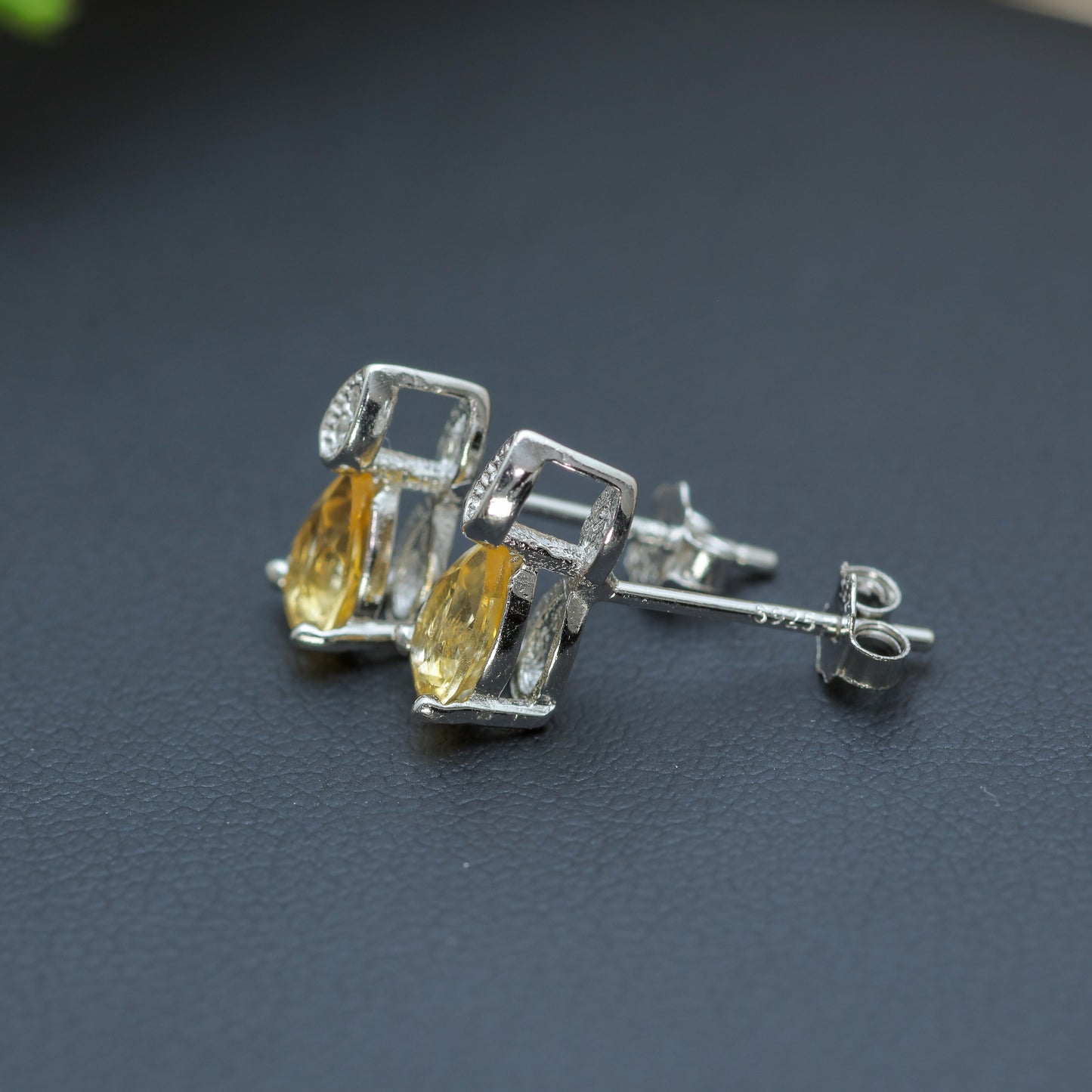Natural Citrine Pear-Shape Stud Earrings with Cubic Zirconia Accents