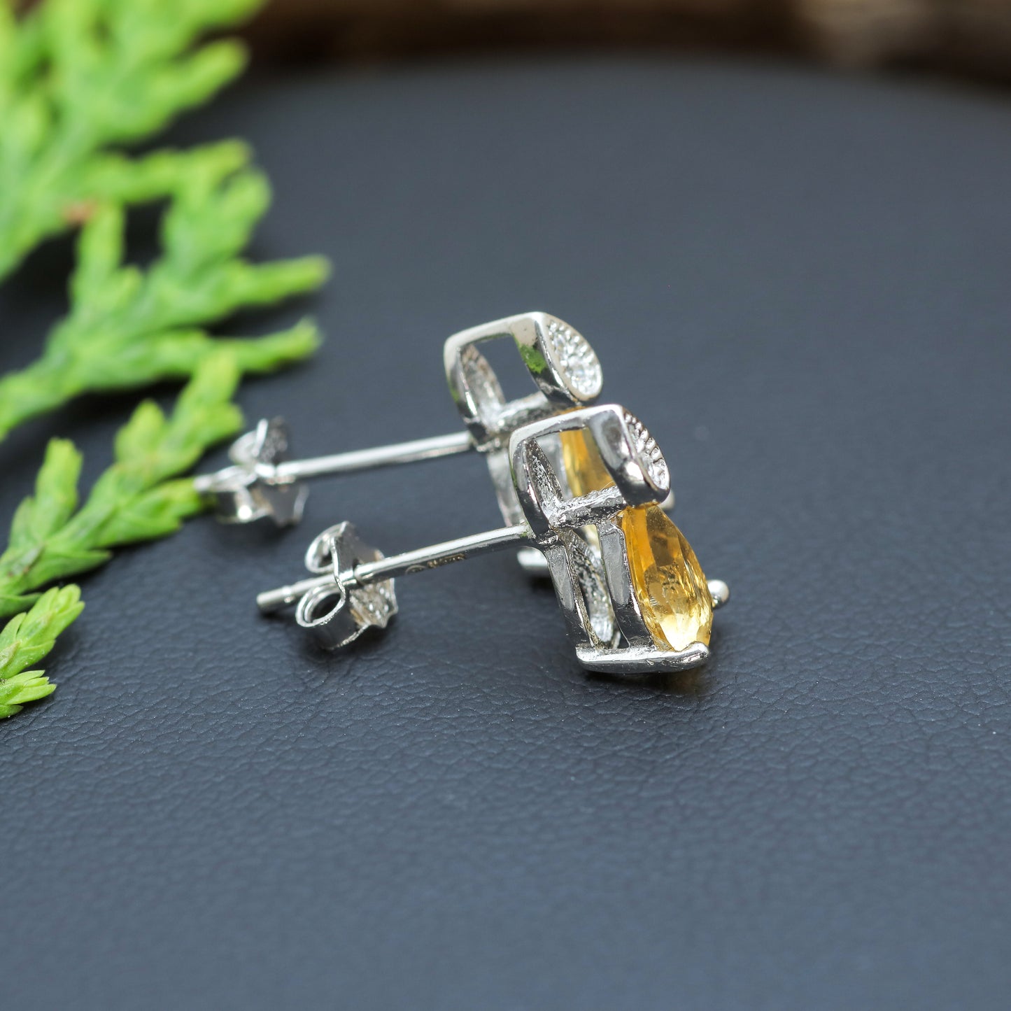 Natural Citrine Pear-Shape Stud Earrings with Cubic Zirconia Accents