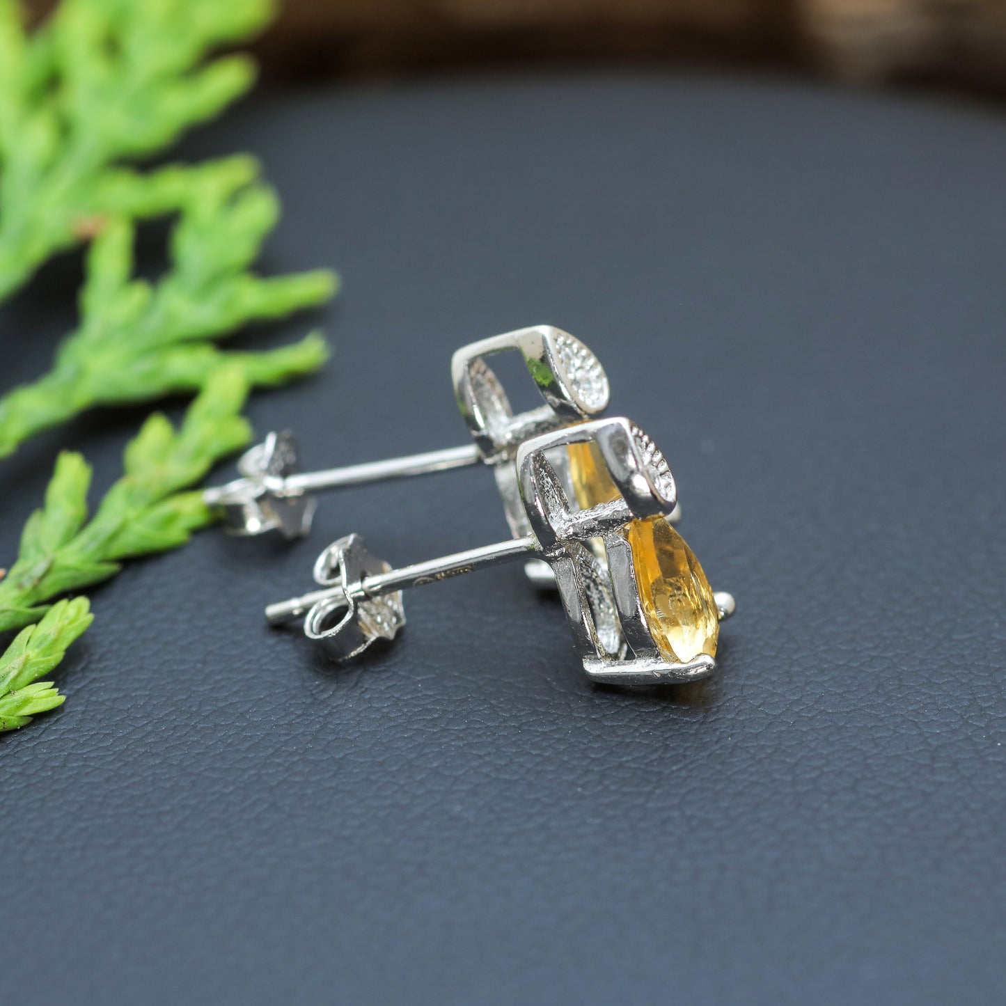 Natural Citrine Pear-Shape Stud Earrings with Cubic Zirconia Accents