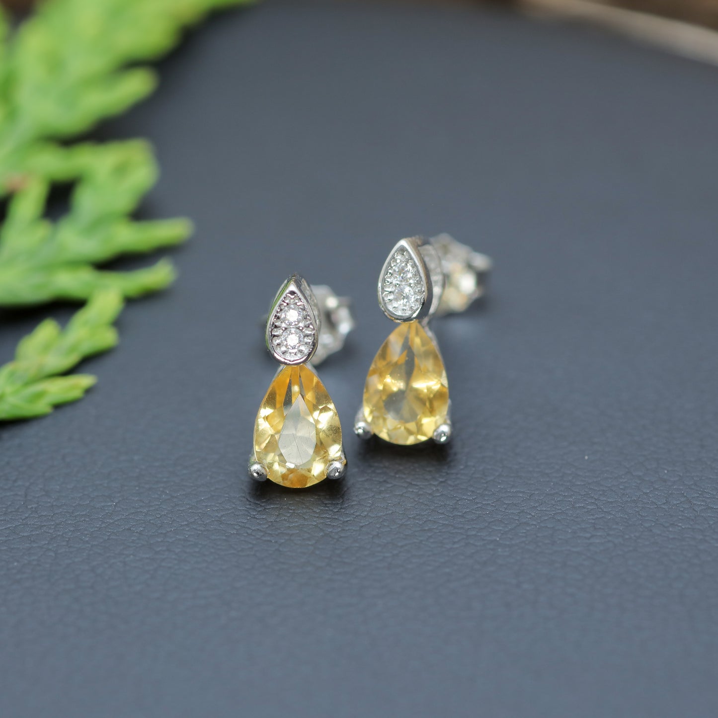 Natural Citrine Pear-Shape Stud Earrings with Cubic Zirconia Accents