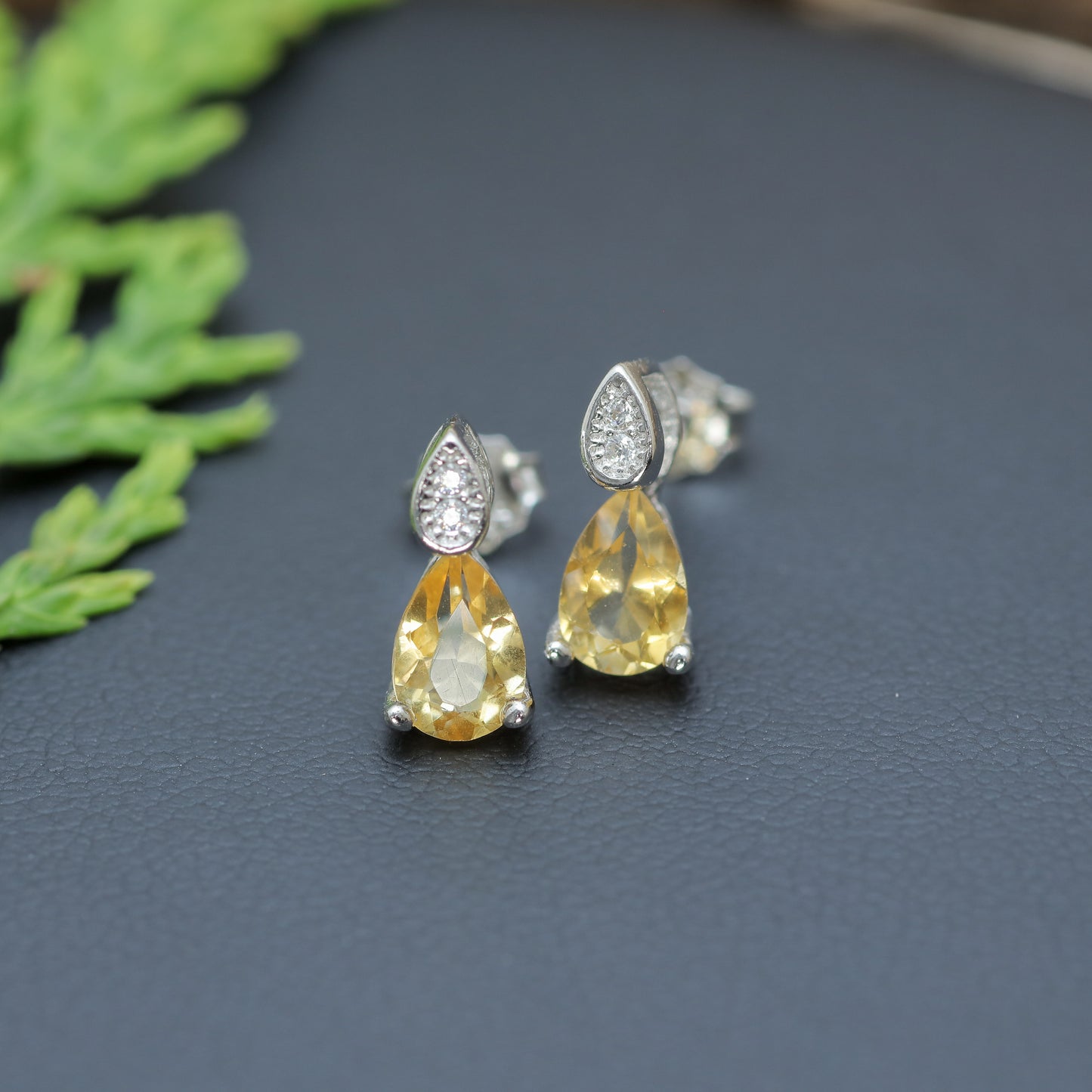 Natural Citrine Pear-Shape Stud Earrings with Cubic Zirconia Accents