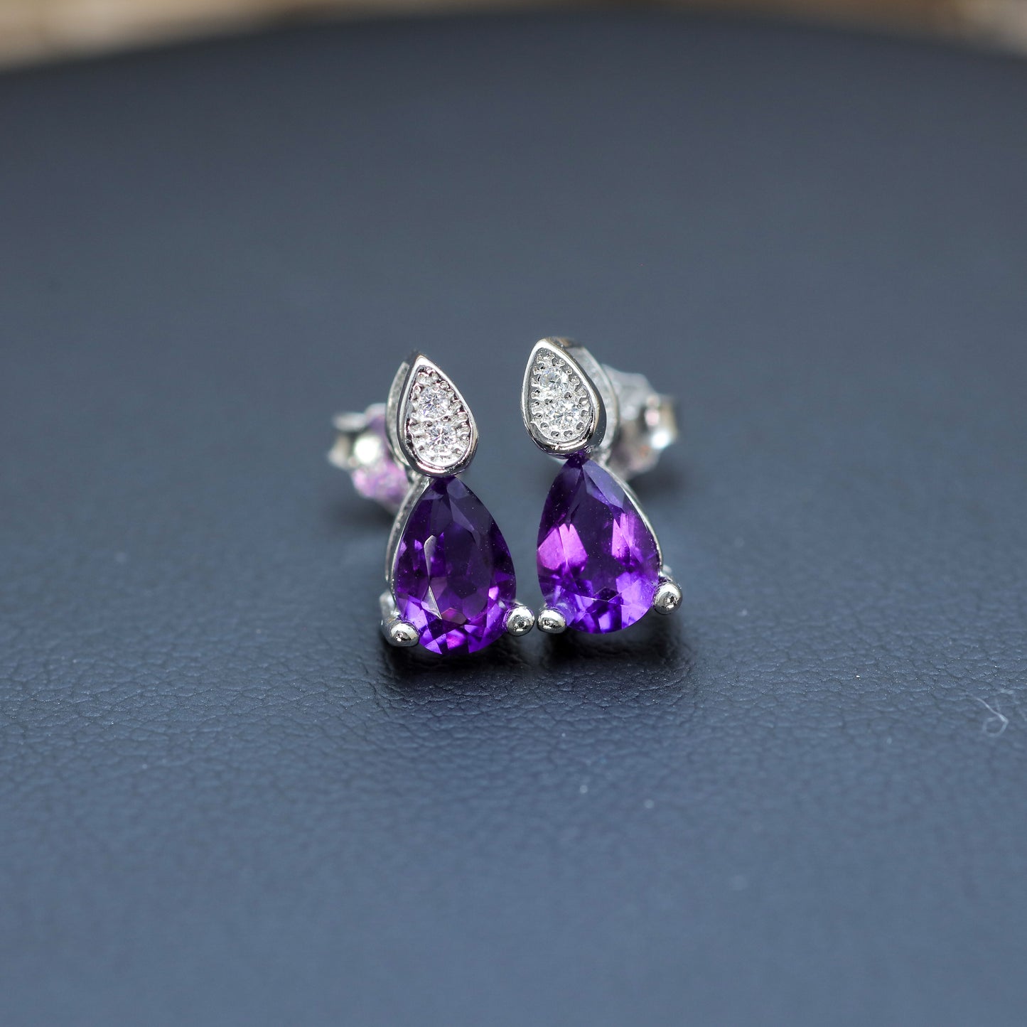 Natural Amethyst Pear-Shape Stud Earrings with Cubic Zirconia Accents