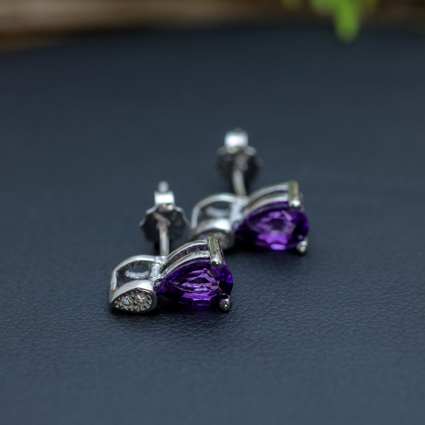 Natural Amethyst Pear-Shape Stud Earrings with Cubic Zirconia Accents