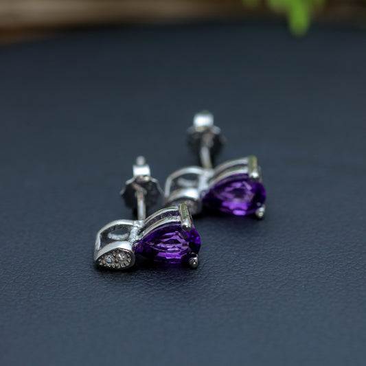 Natural Amethyst Pear-Shape Stud Earrings with Cubic Zirconia Accents
