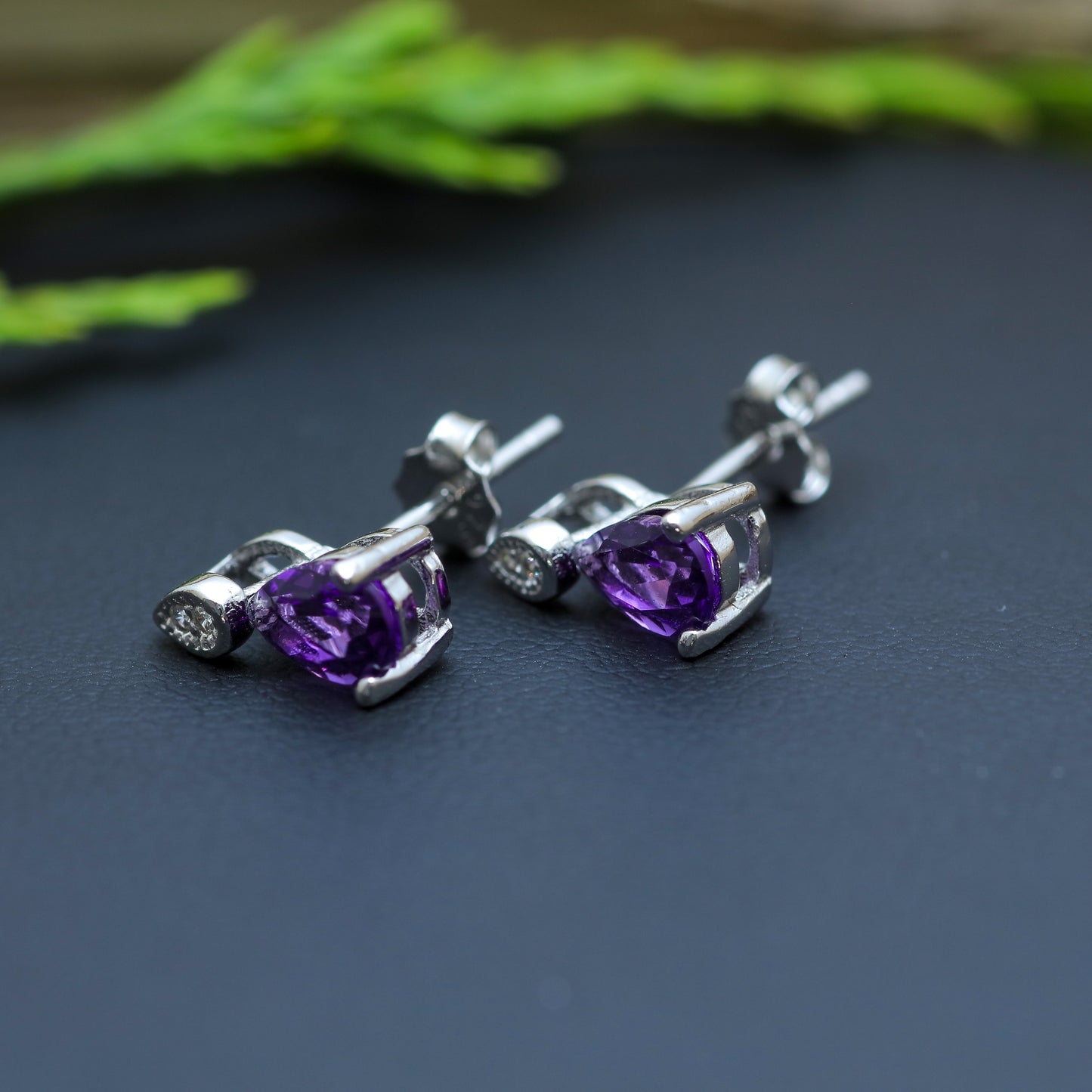 Natural Amethyst Pear-Shape Stud Earrings with Cubic Zirconia Accents