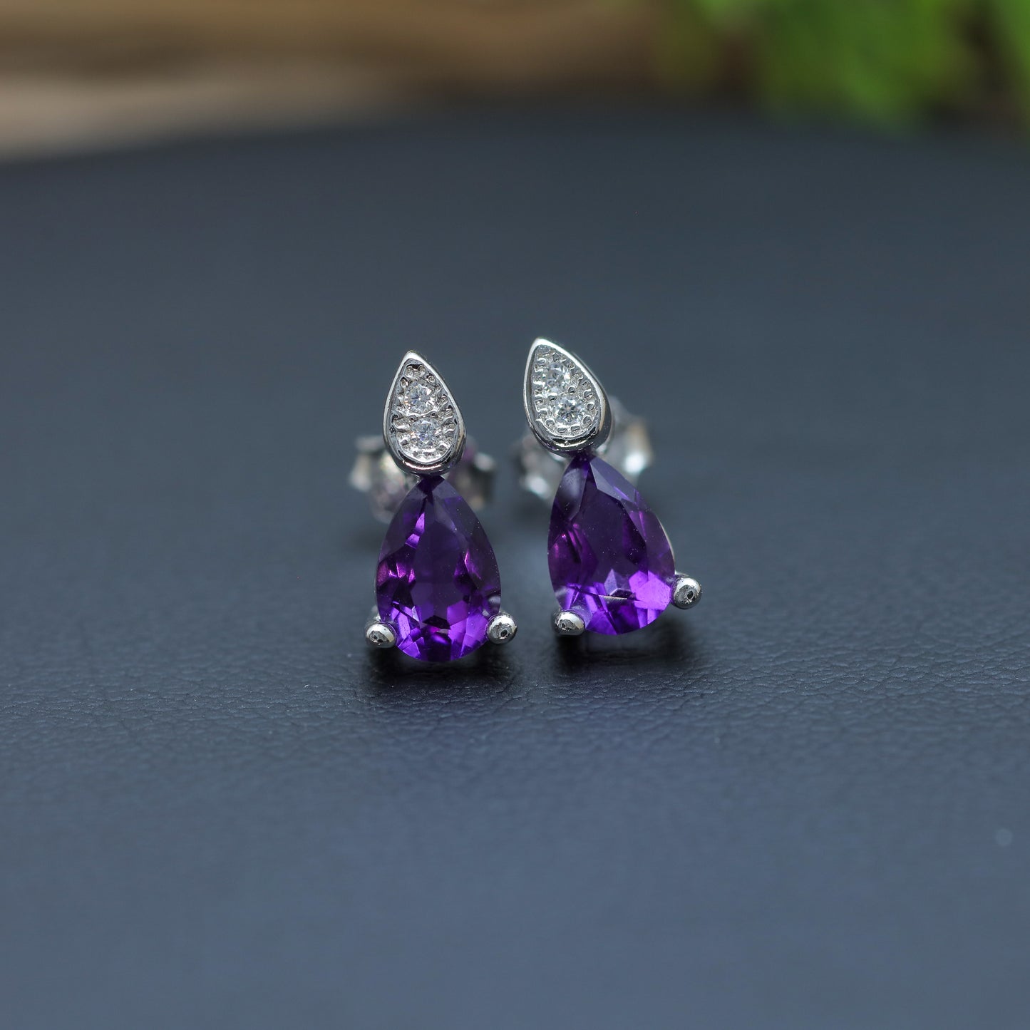 Natural Amethyst Pear-Shape Stud Earrings with Cubic Zirconia Accents