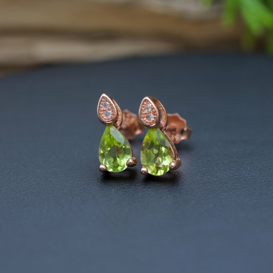 Natural Peridot Pear-Shape Stud Earrings with Cubic Zirconia Accents