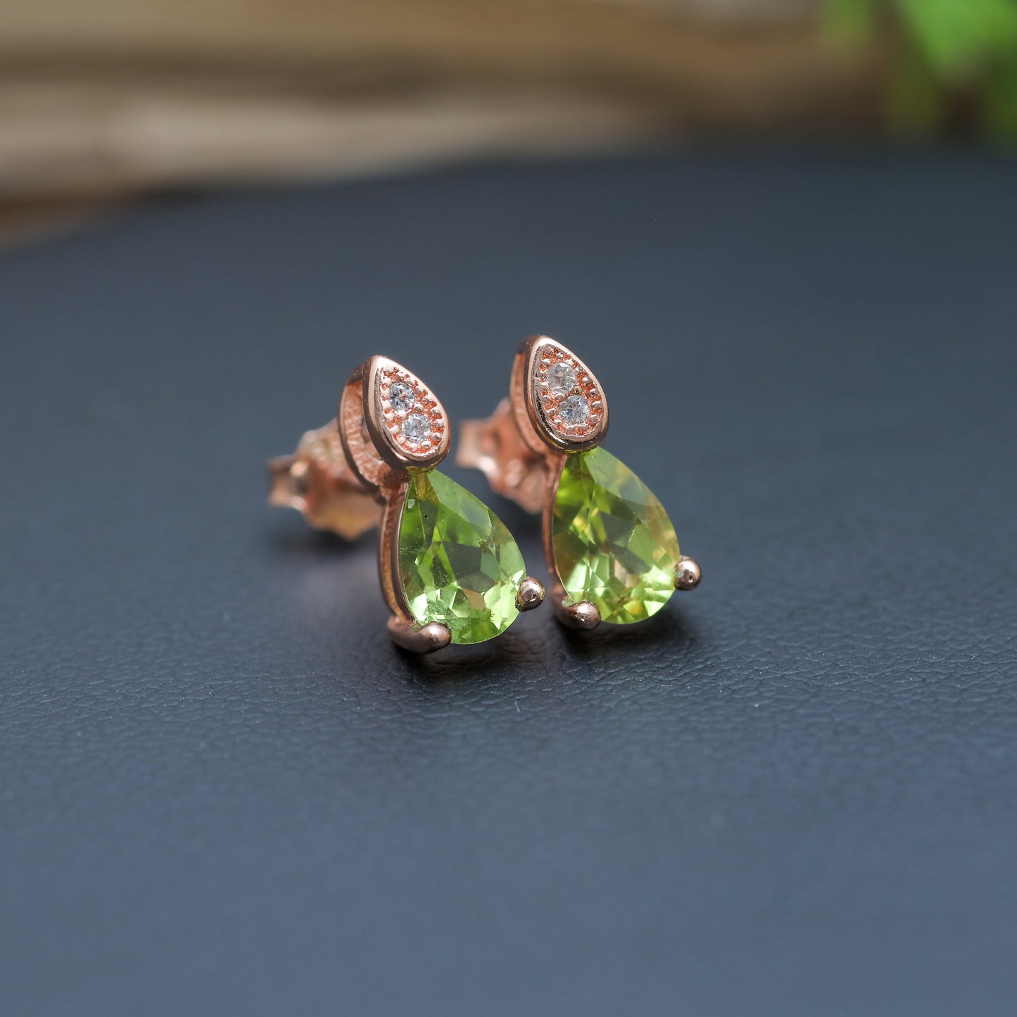 Natural Peridot Pear-Shape Stud Earrings with Cubic Zirconia Accents