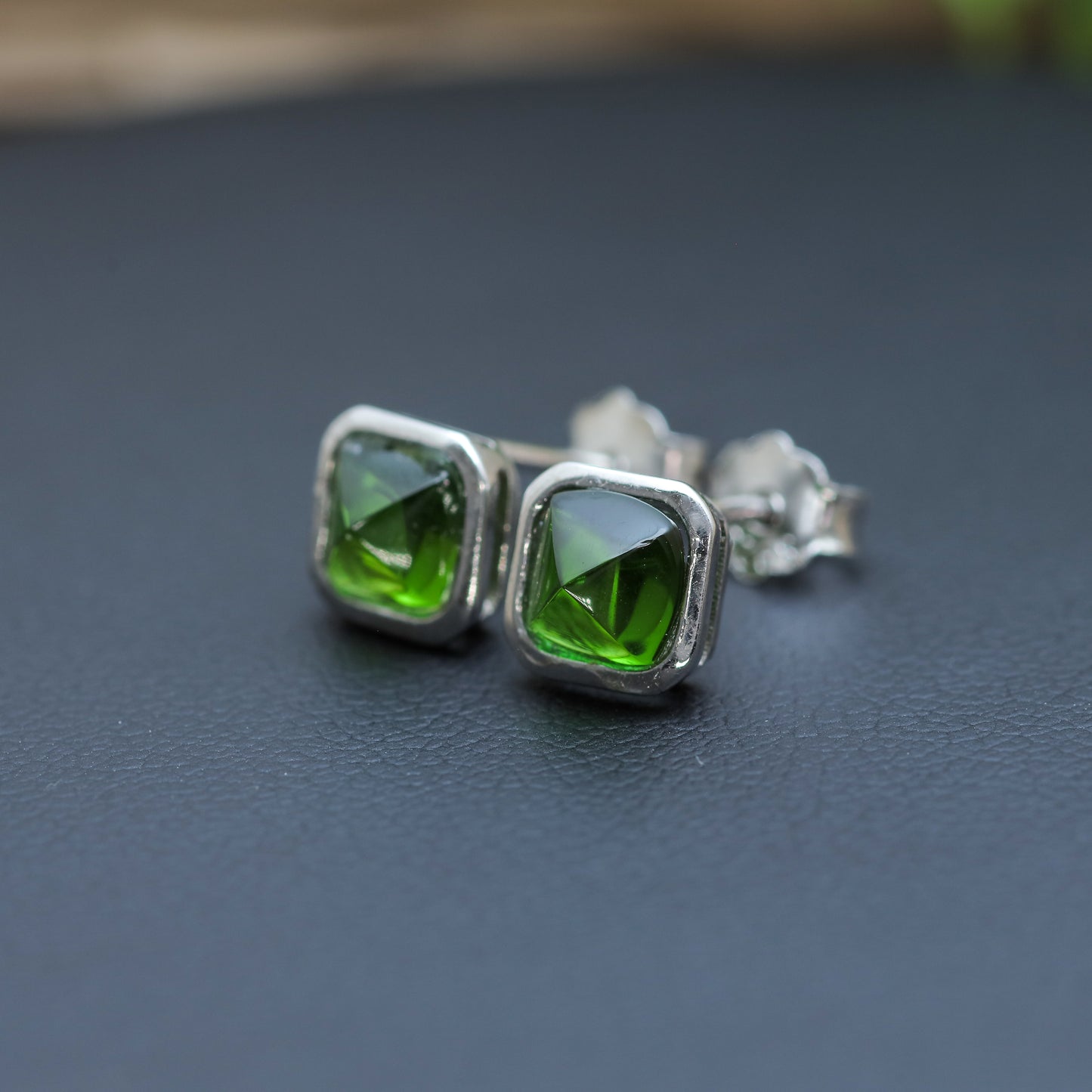 Natural Chrome Diopside Sugarloaf Stud Earrings