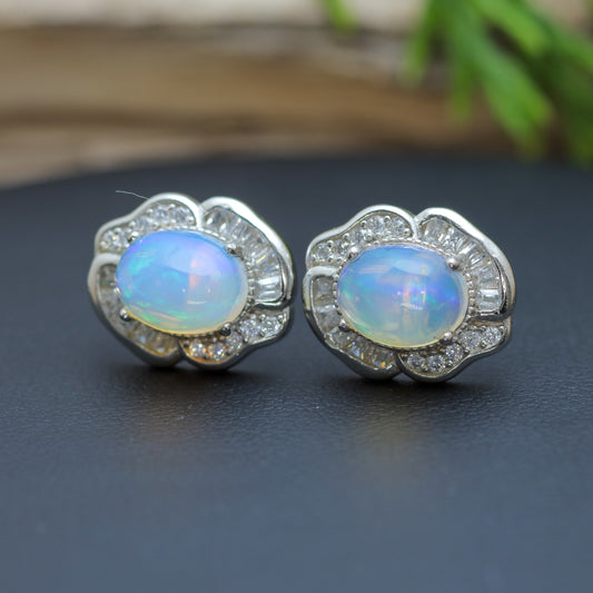 Natural Ethiopian Opal Halo Statement Stud Earrings with Czs accents.