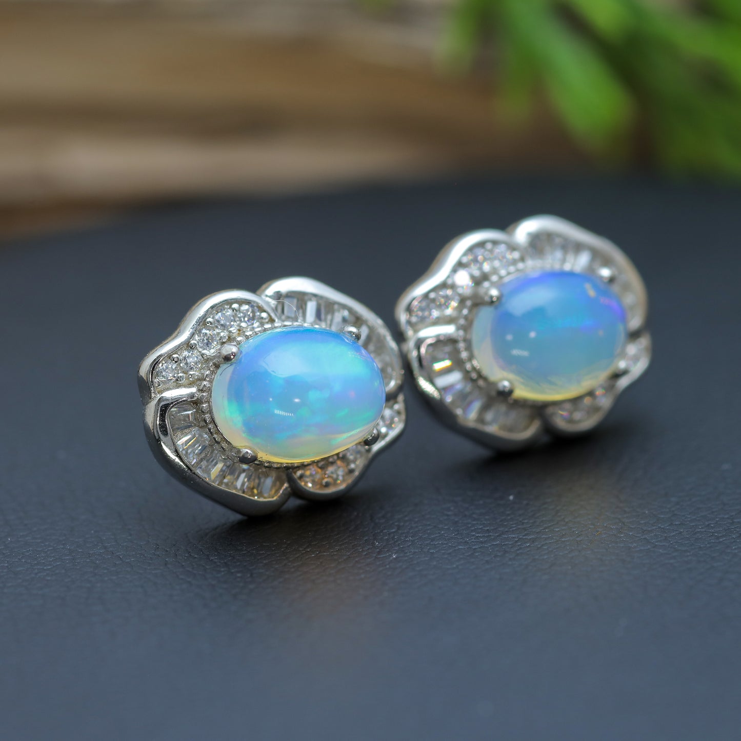 Natural Ethiopian Opal Halo Statement Stud Earrings with Czs accents.