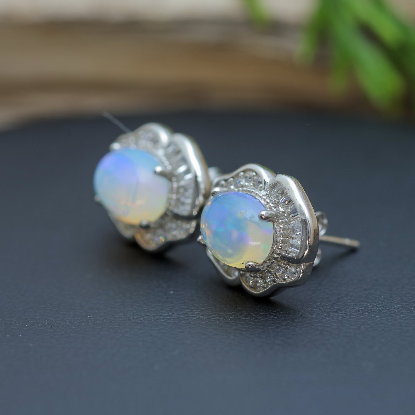 Natural Ethiopian Opal Halo Statement Stud Earrings with Czs accents.