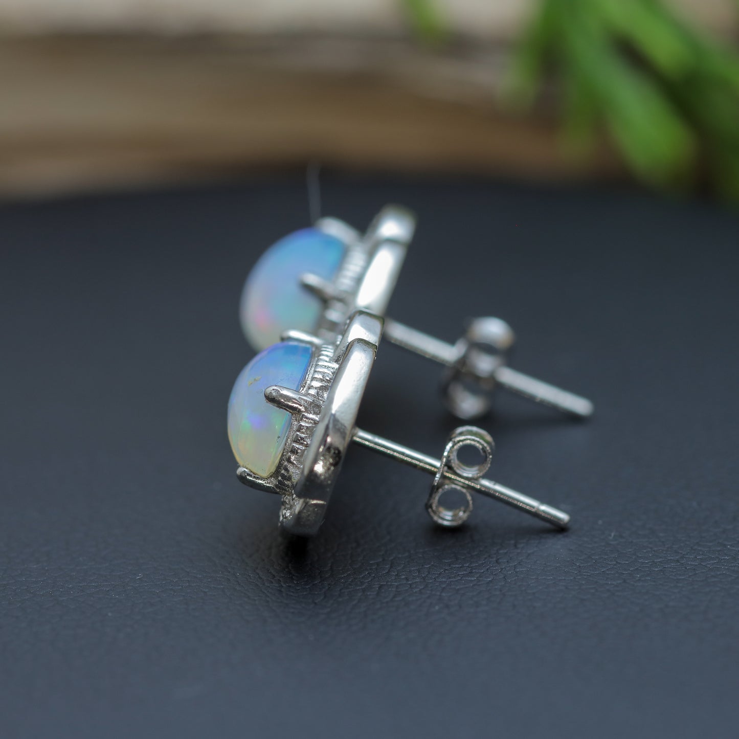 Natural Ethiopian Opal Halo Statement Stud Earrings with Czs accents.