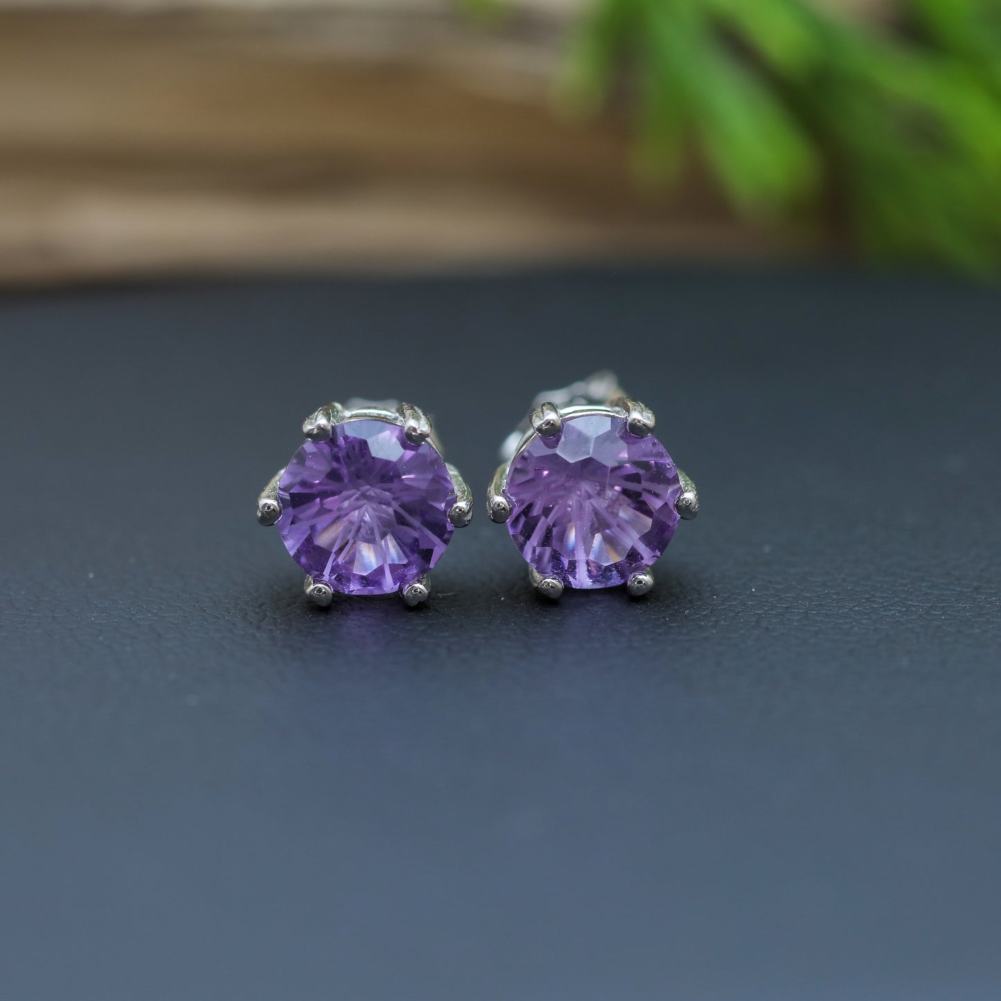 Natural Precision-Cut Amethyst Stud Earrings with Frosted Facets