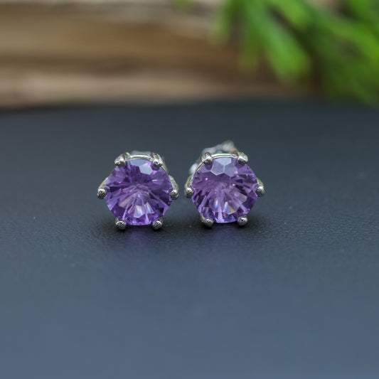 Natural Precision-Cut Amethyst Stud Earrings with Frosted Facets