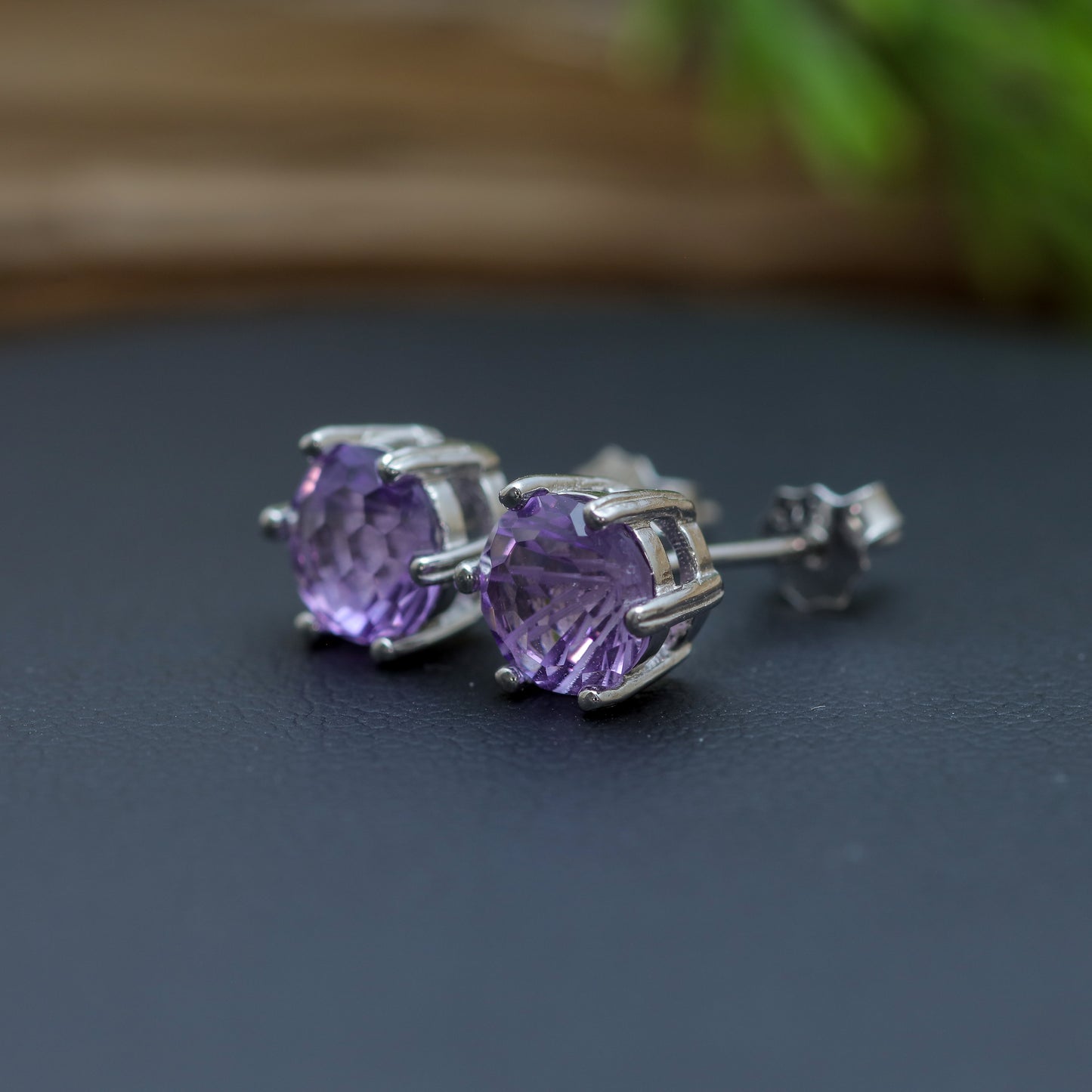 Natural Precision-Cut Amethyst Stud Earrings with Frosted Facets