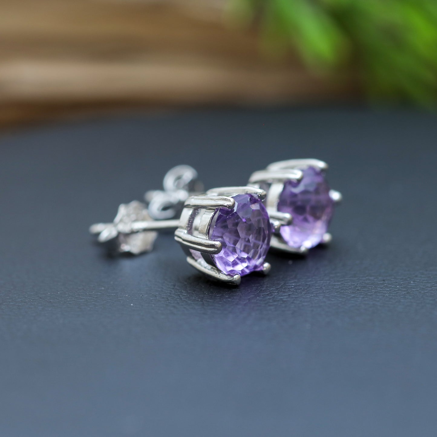Natural Precision-Cut Amethyst Stud Earrings with Frosted Facets