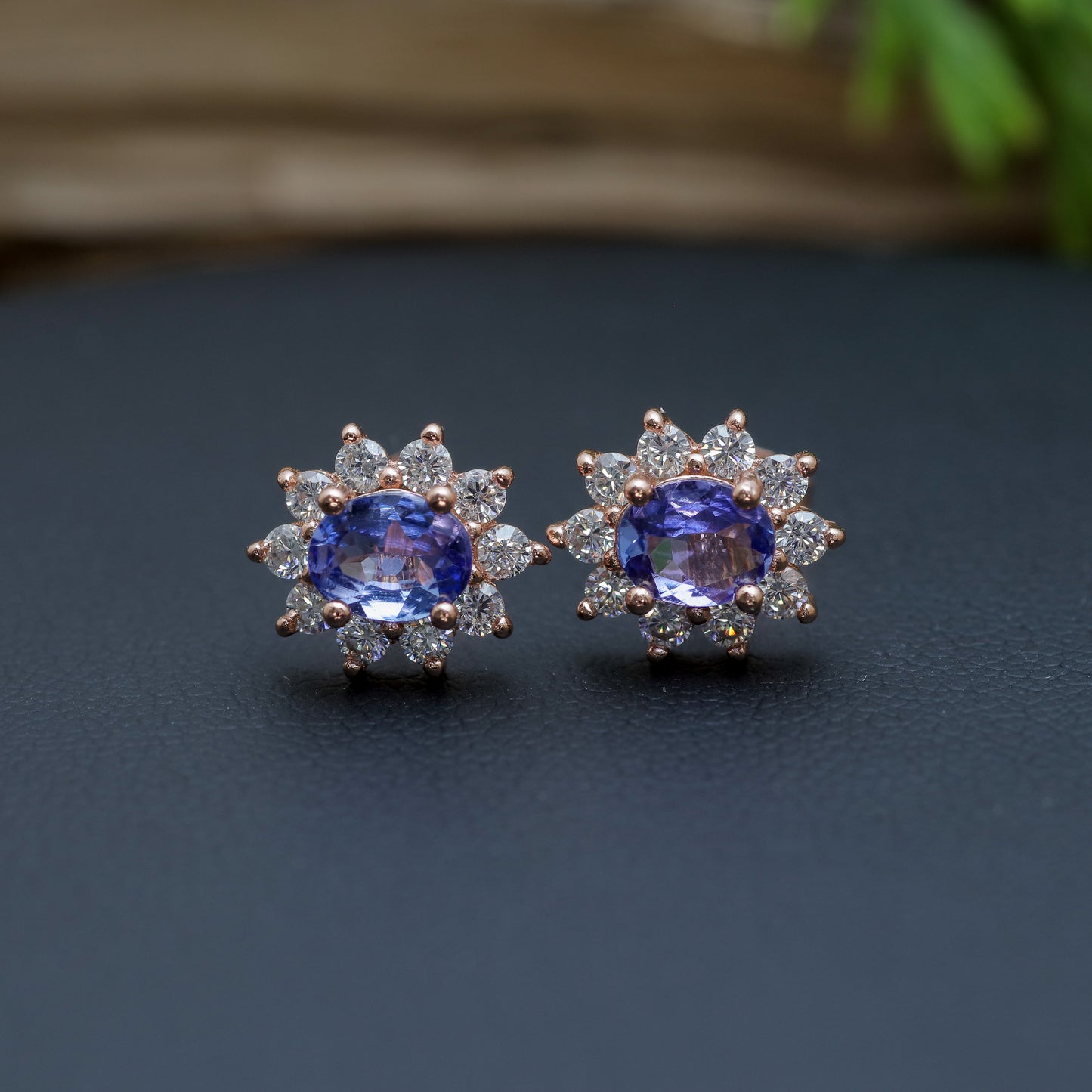 Natural Oval Tanzanite Halo Stud Earrings