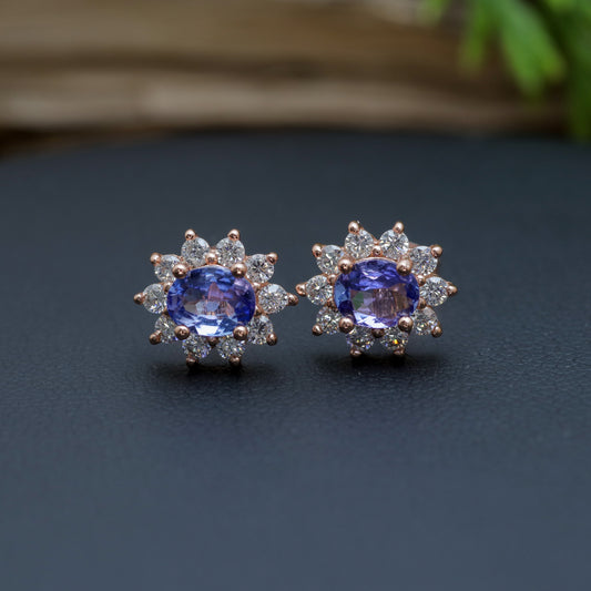 Natural Oval Tanzanite Halo Stud Earrings
