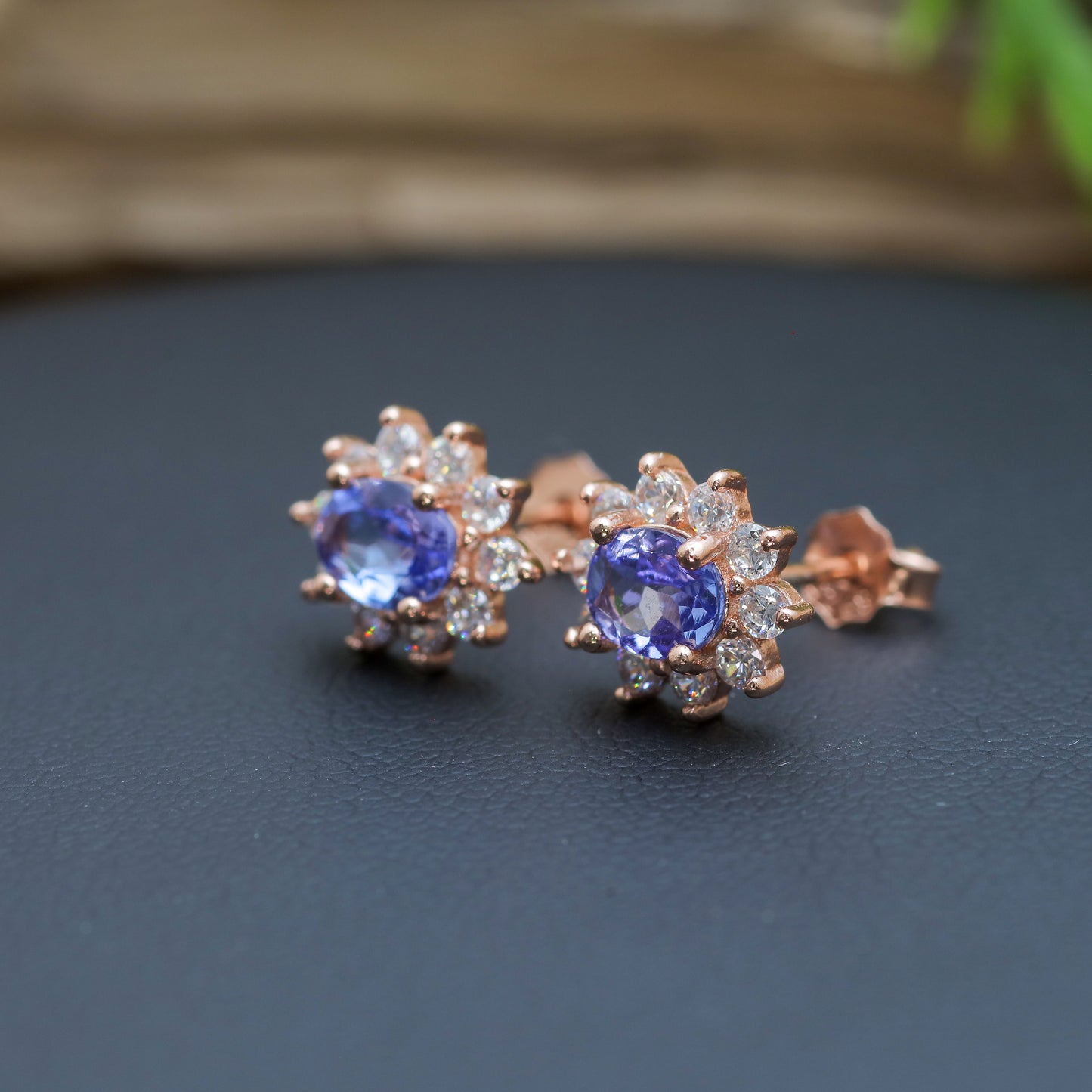Natural Oval Tanzanite Halo Stud Earrings