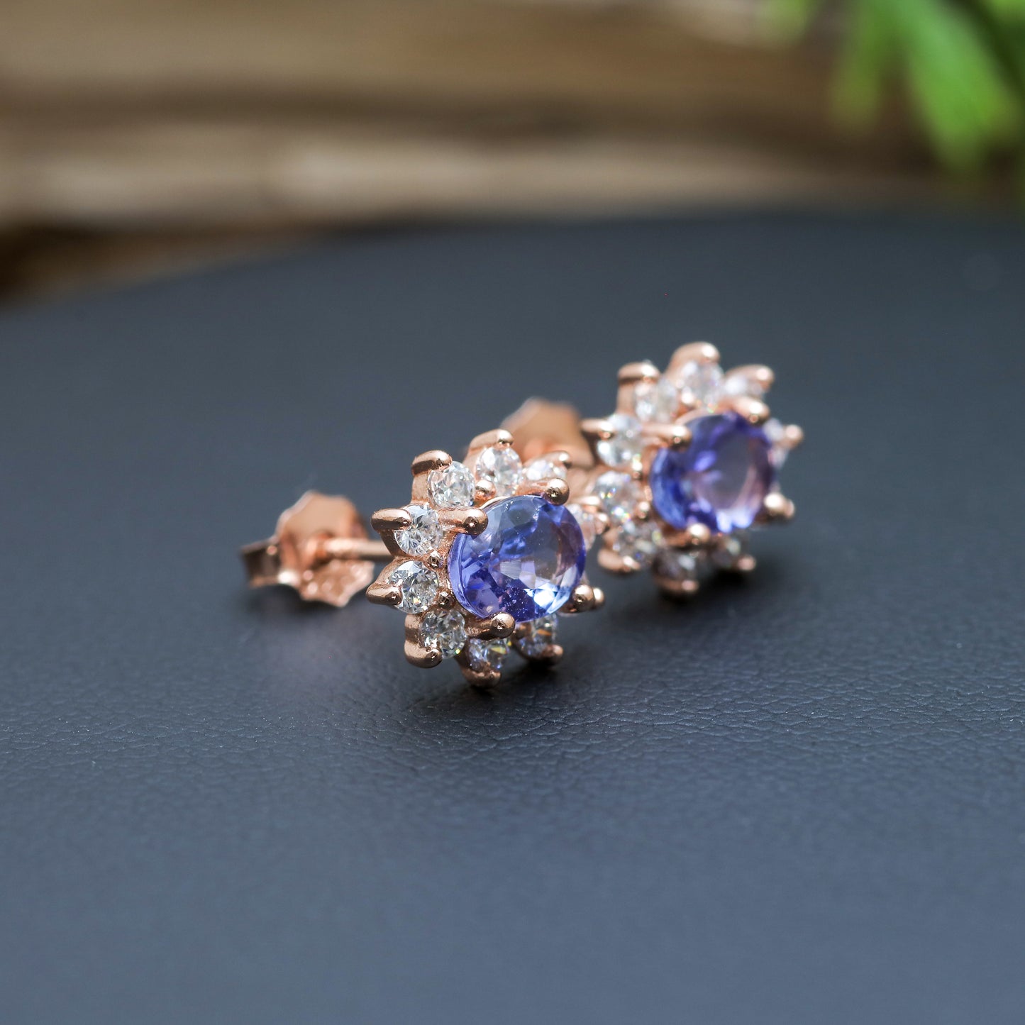 Natural Oval Tanzanite Halo Stud Earrings