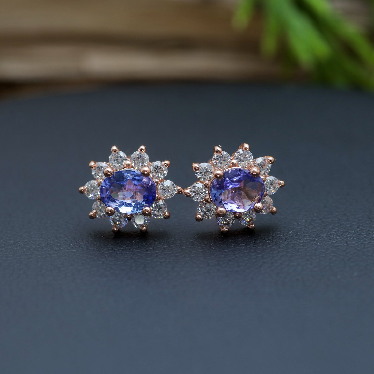Natural Oval Tanzanite Halo Stud Earrings