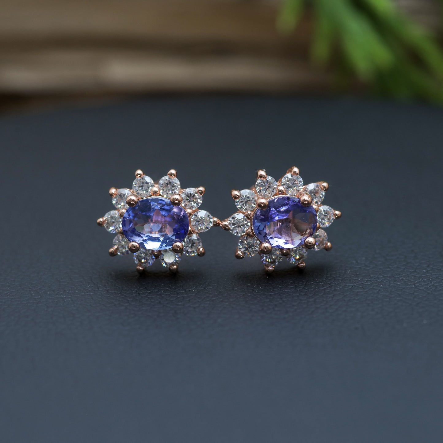 Natural Oval Tanzanite Halo Stud Earrings