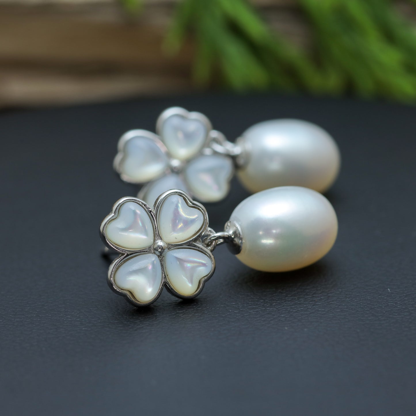 Natural Cultured Pearl Four-Leaf Clover Drop Earrings