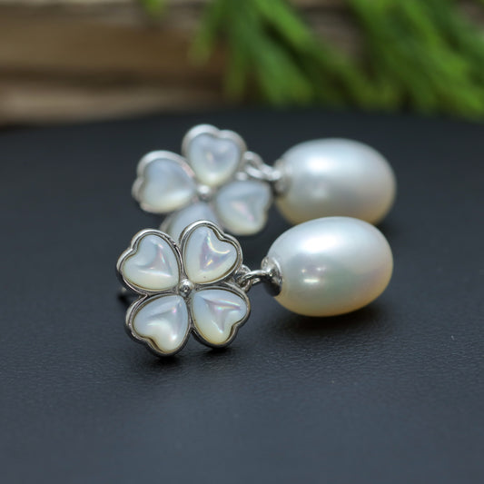 Natural Cultured Pearl Four-Leaf Clover Drop Earrings