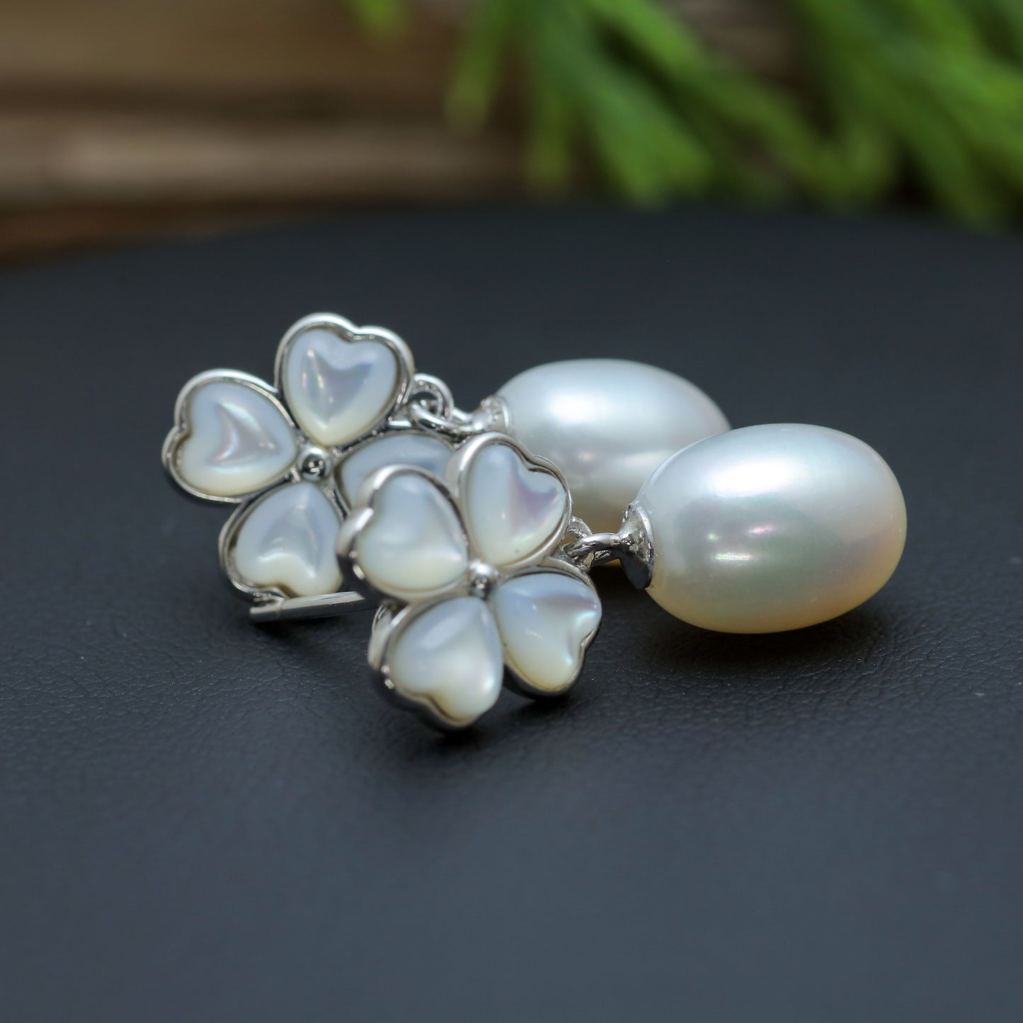 Natural Cultured Pearl Four-Leaf Clover Drop Earrings