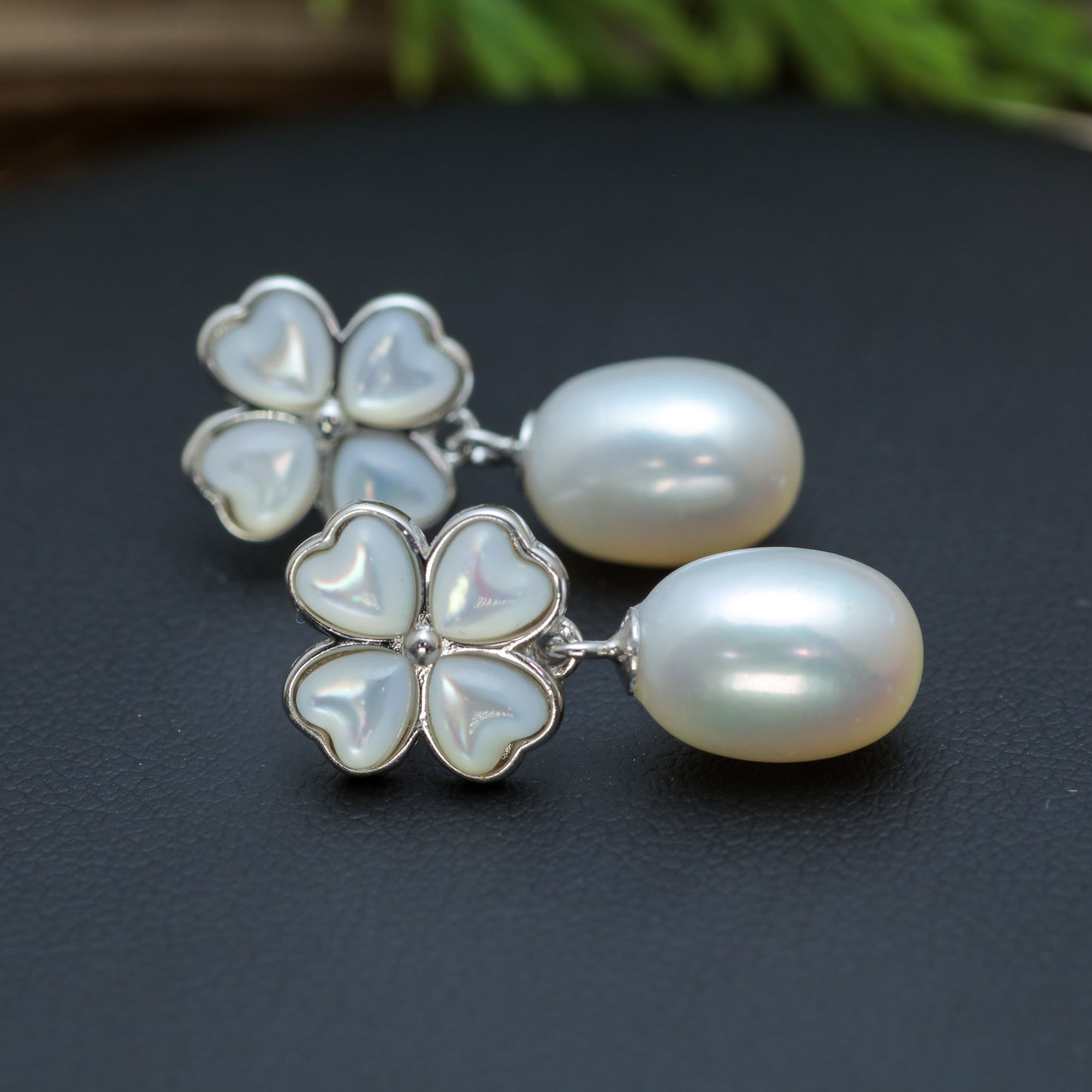 Natural Cultured Pearl Four-Leaf Clover Drop Earrings
