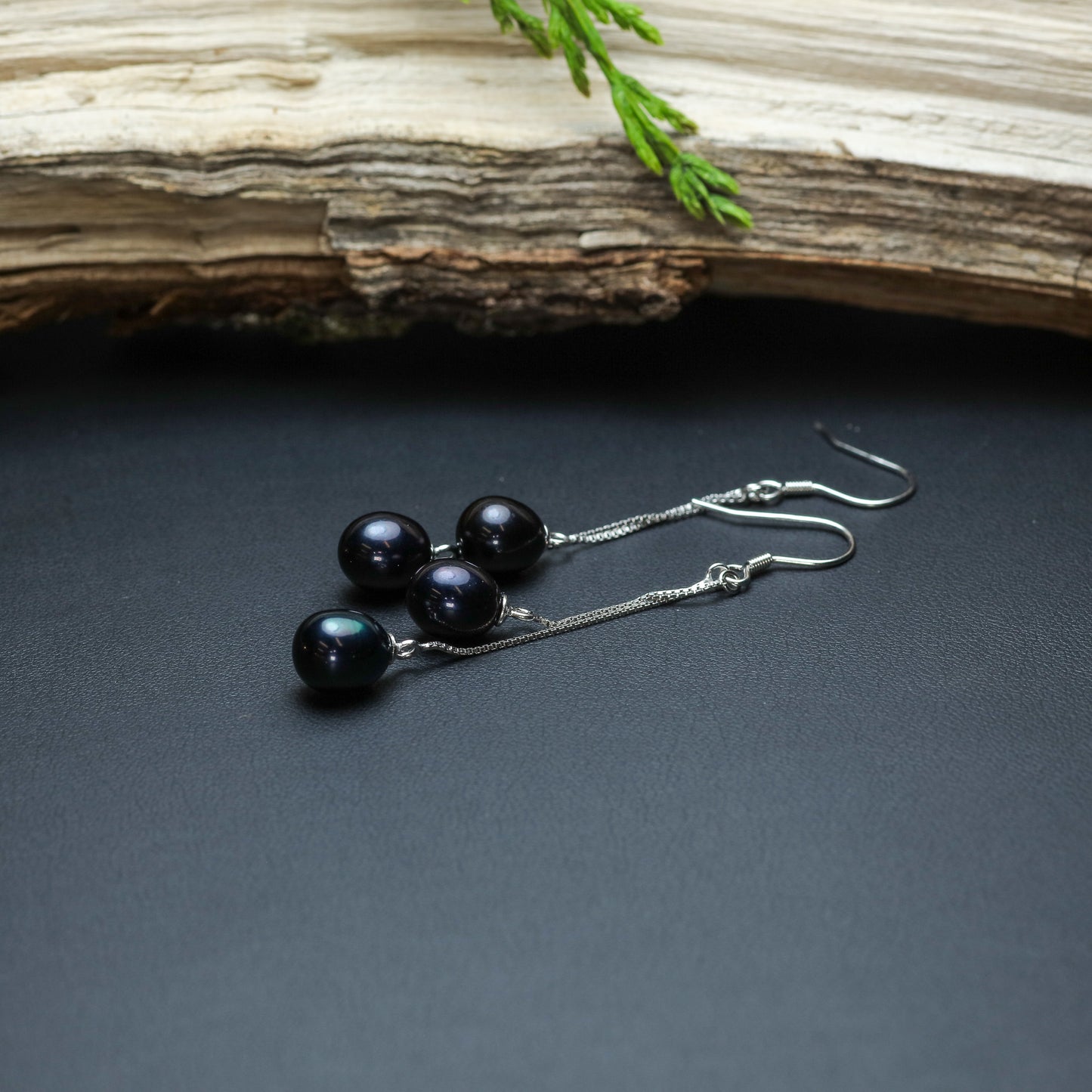 Natural Cultured Black Pearl Twin-Drop Cascade Earrings