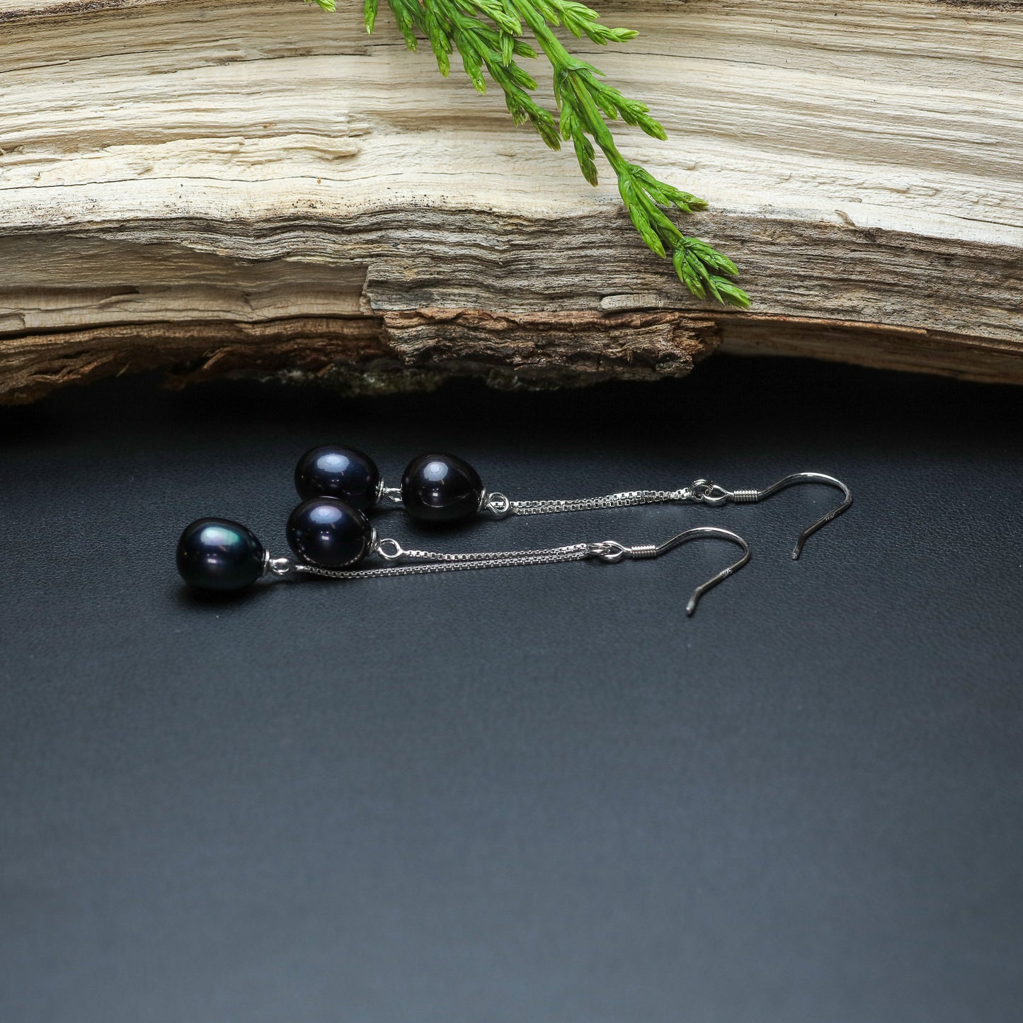 Natural Cultured Black Pearl Twin-Drop Cascade Earrings
