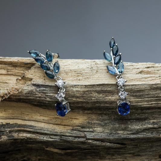 Natural Sapphire Olive Branch Vine Drop Earrings