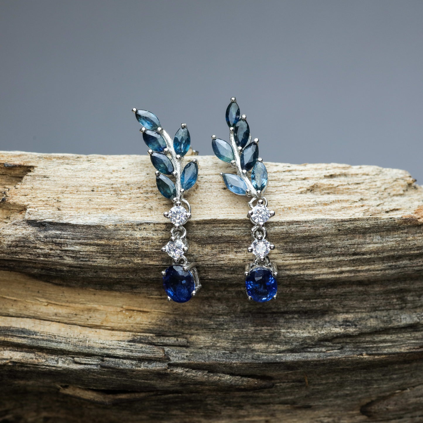 Natural Sapphire Olive Branch Vine Drop Earrings