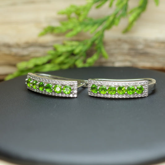Natural Chrome Diopside Rhodium-Plated Hoop Earrings