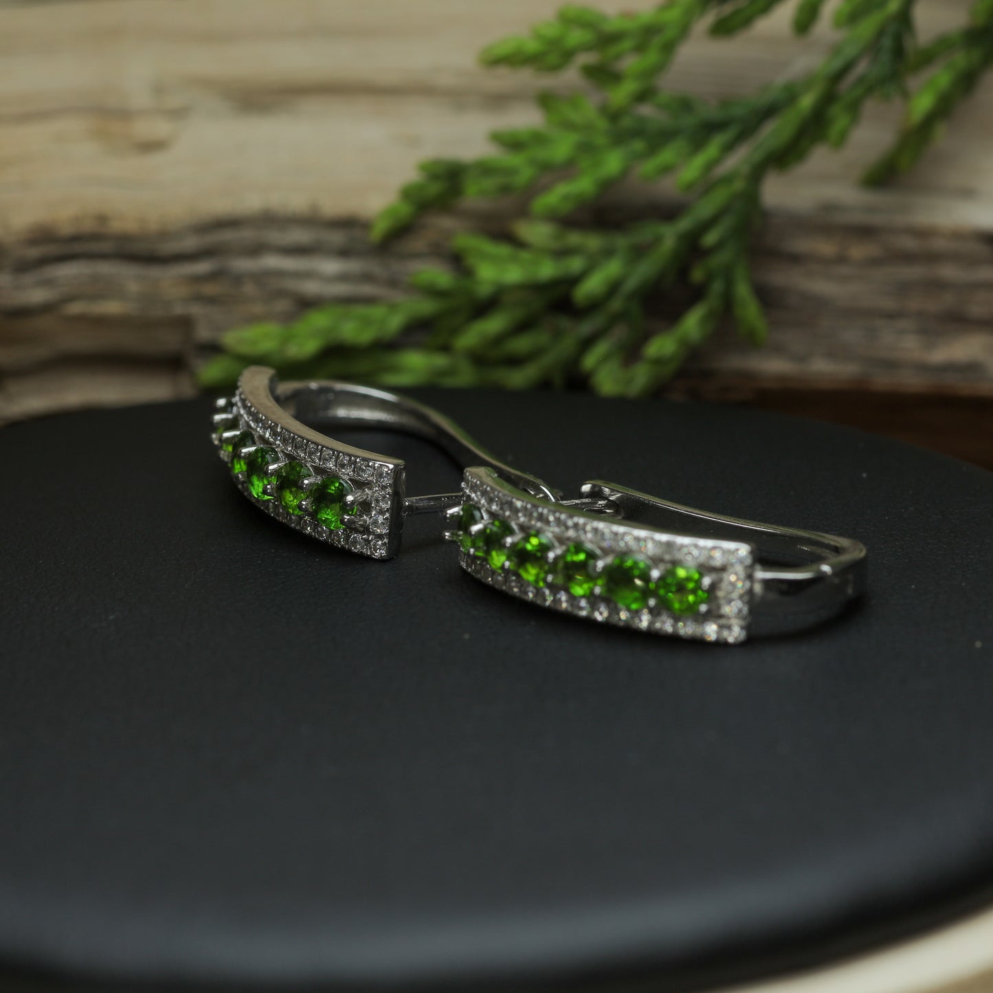 Natural Chrome Diopside Rhodium-Plated Hoop Earrings