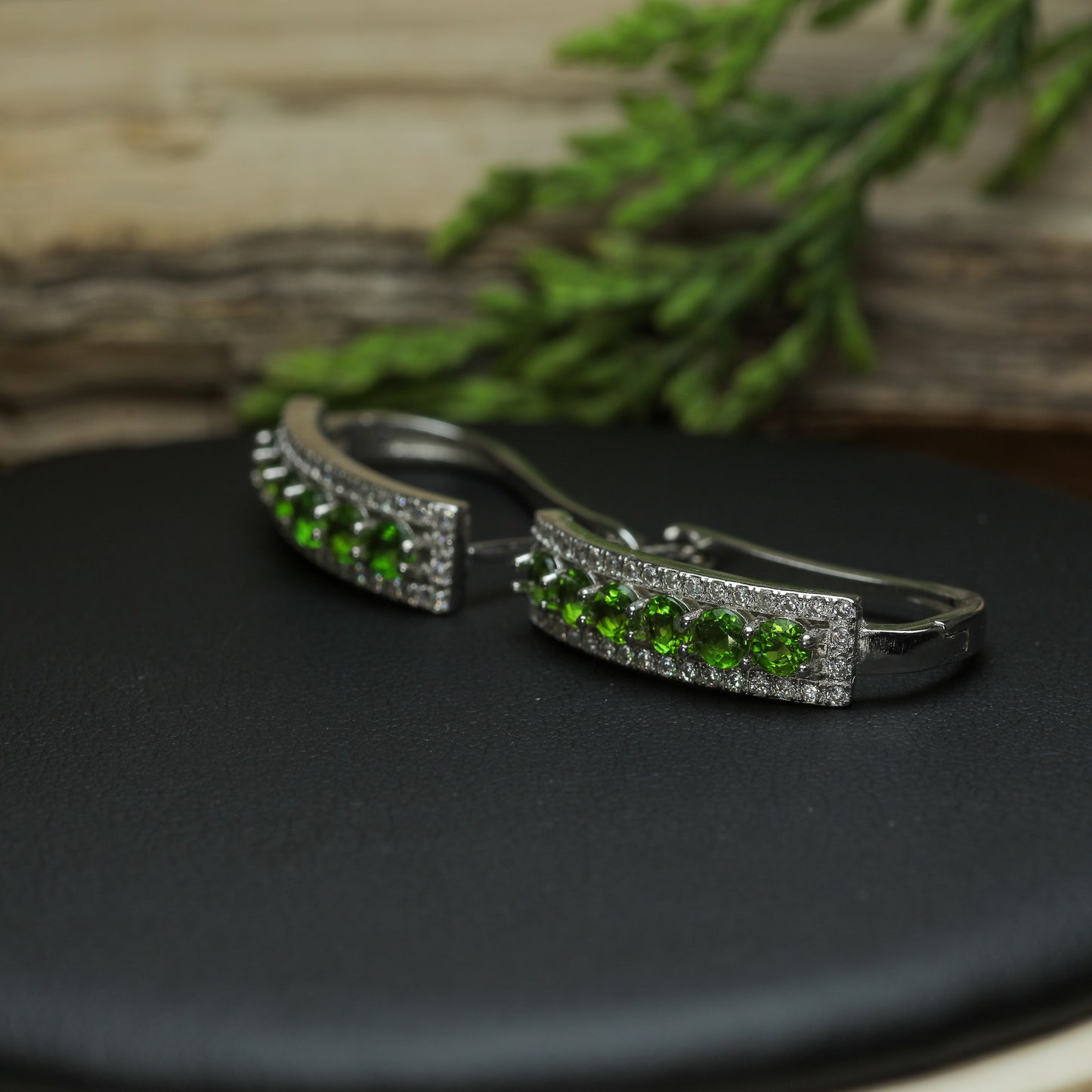 Natural Chrome Diopside Rhodium-Plated Hoop Earrings