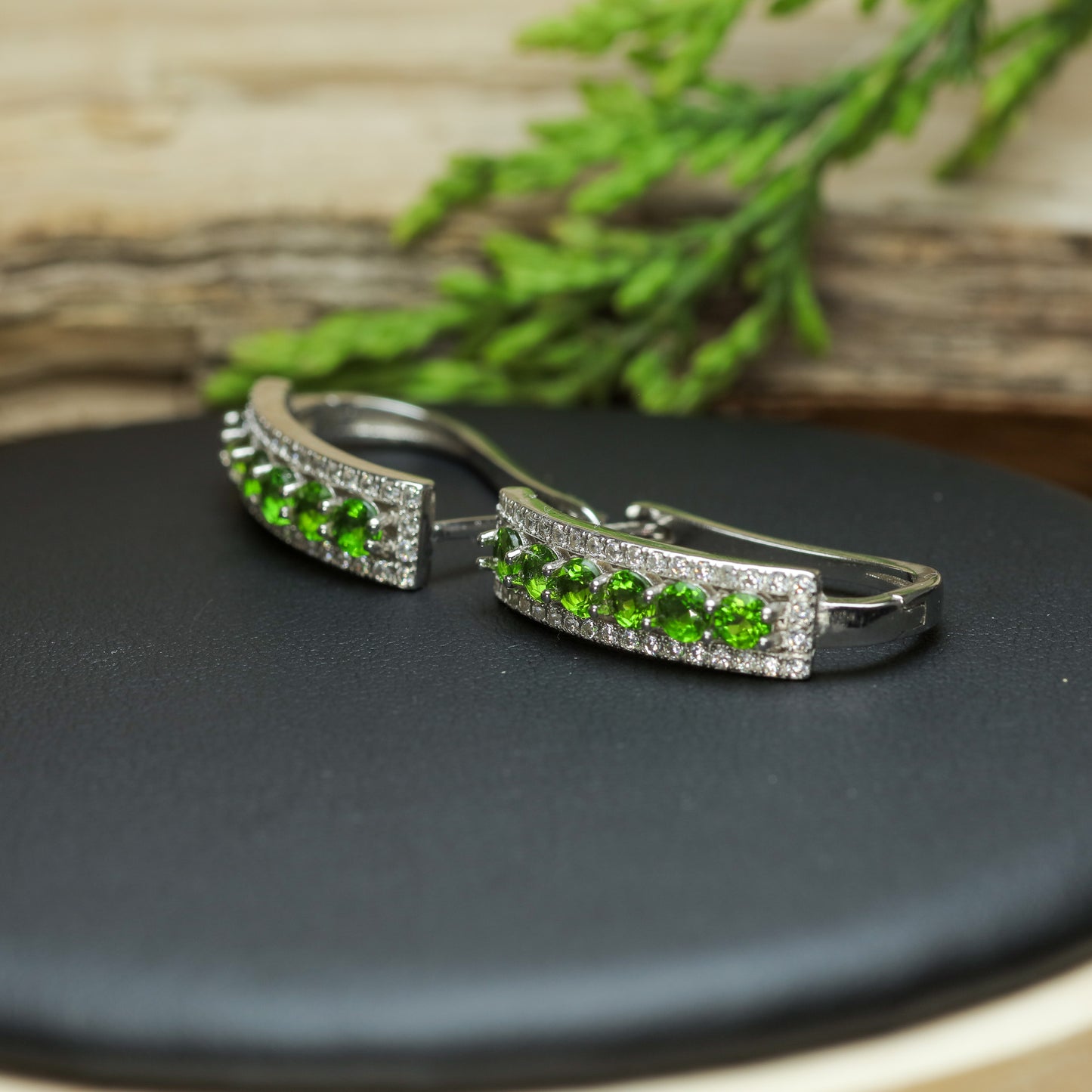 Natural Chrome Diopside Rhodium-Plated Hoop Earrings