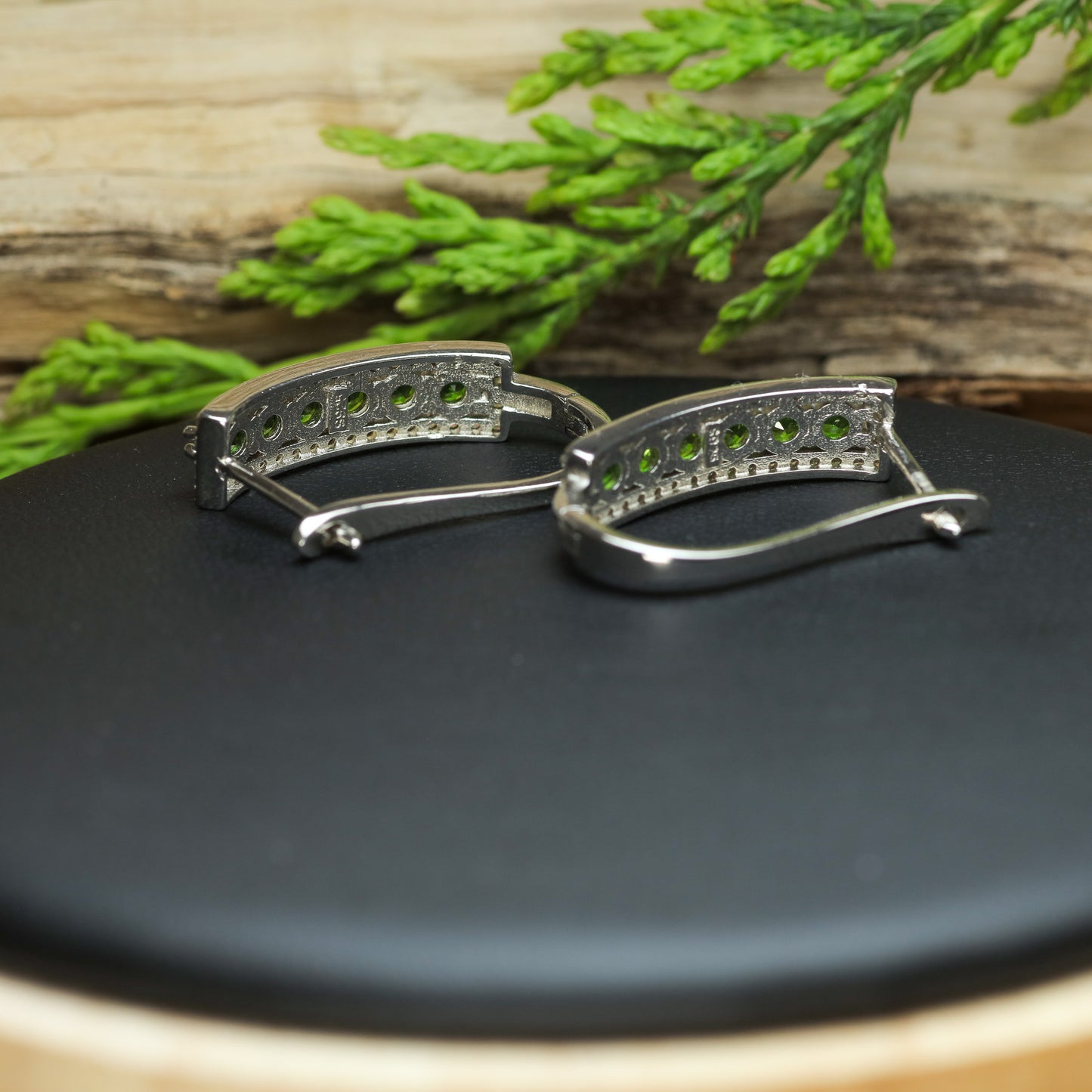 Natural Chrome Diopside Rhodium-Plated Hoop Earrings