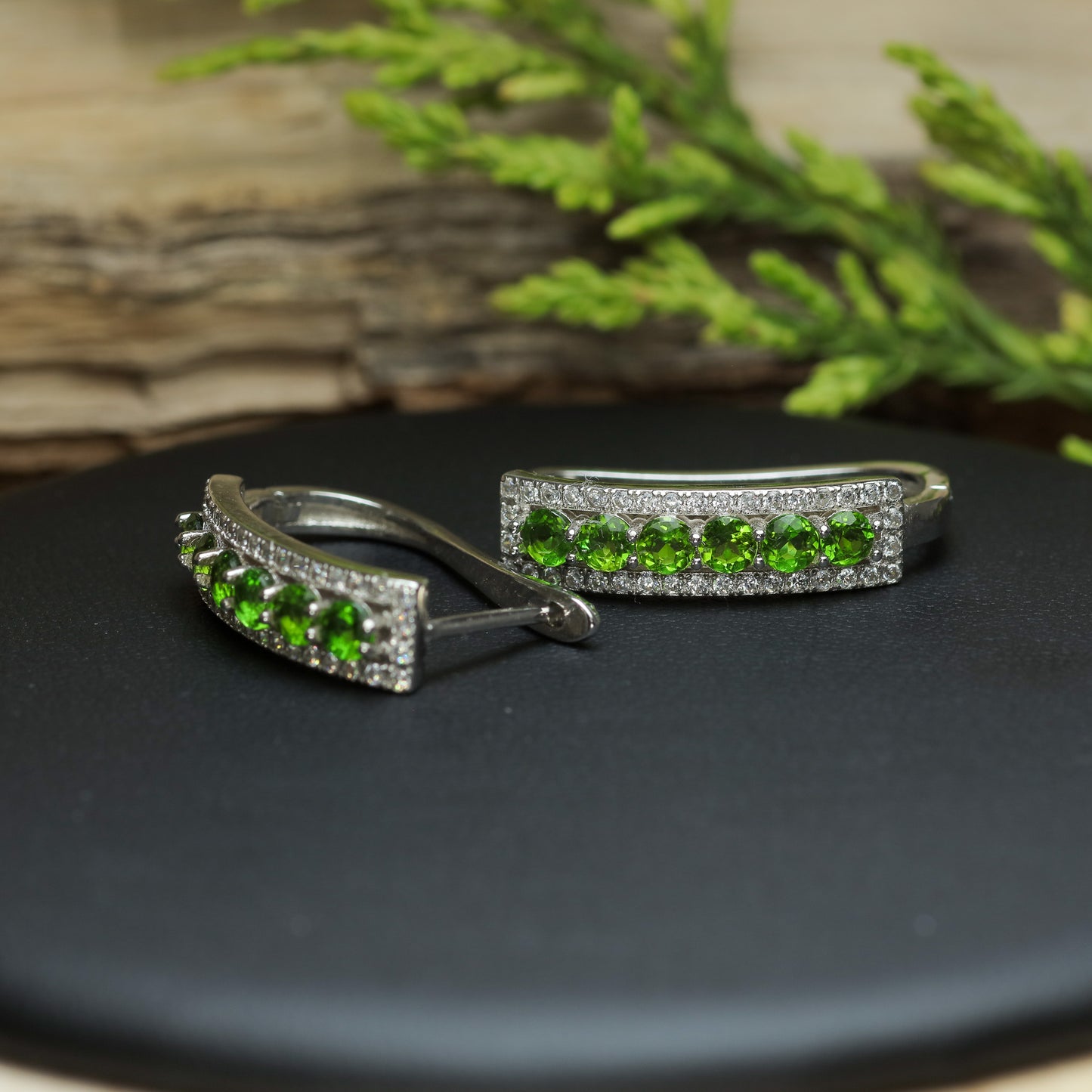 Natural Chrome Diopside Rhodium-Plated Hoop Earrings
