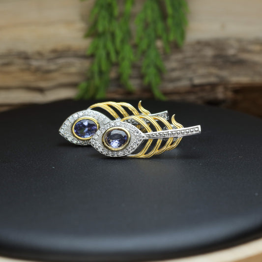 Natural Tanzanite Peacock Feather Two-Tone Stud Earrings