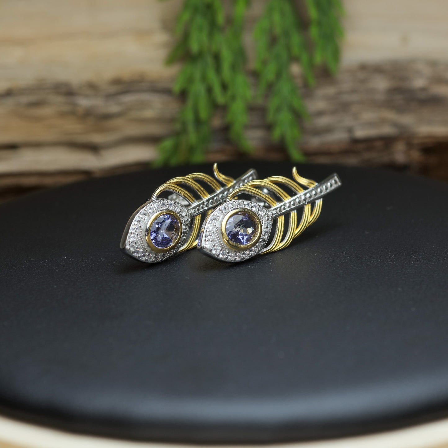 Natural Tanzanite Peacock Feather Two-Tone Stud Earrings