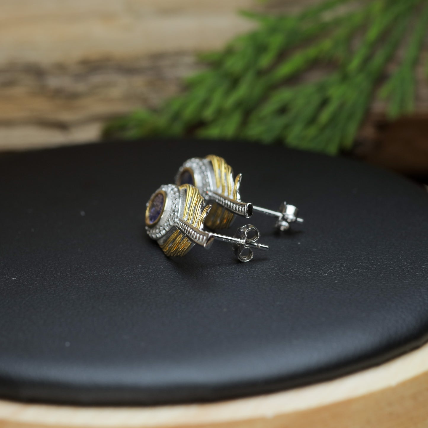 Natural Tanzanite Peacock Feather Two-Tone Stud Earrings