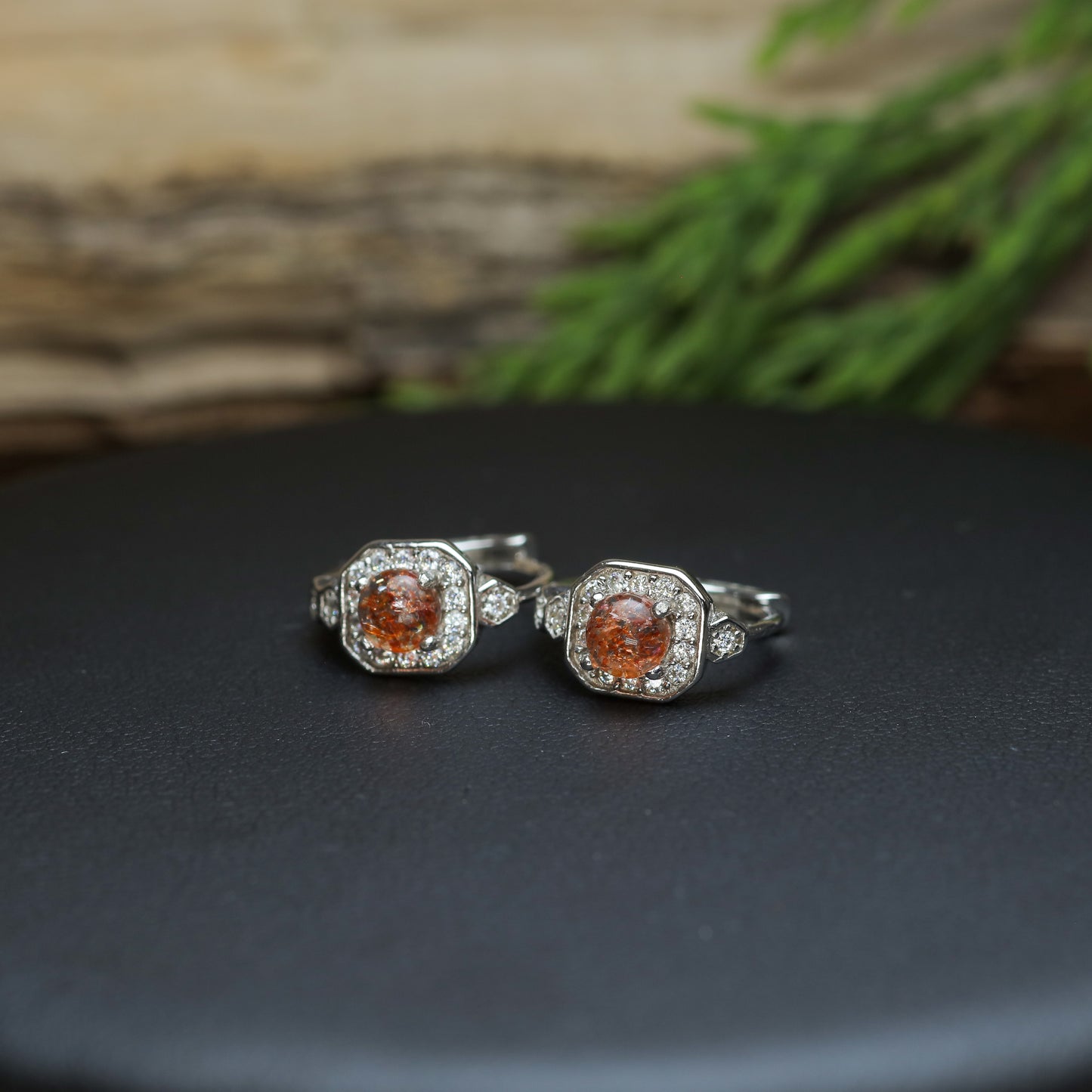Natural Sunstone Hexagonal Halo Huggie Earrings
