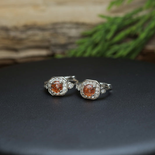 Natural Sunstone Hexagonal Halo Huggie Earrings