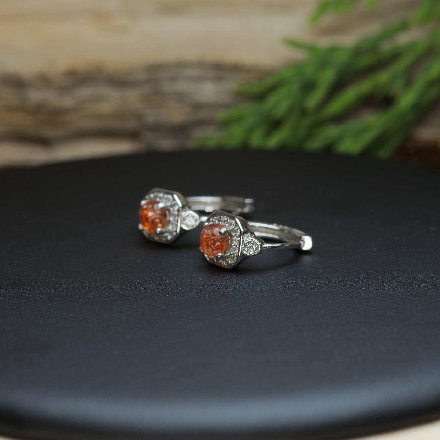 Natural Sunstone Hexagonal Halo Huggie Earrings