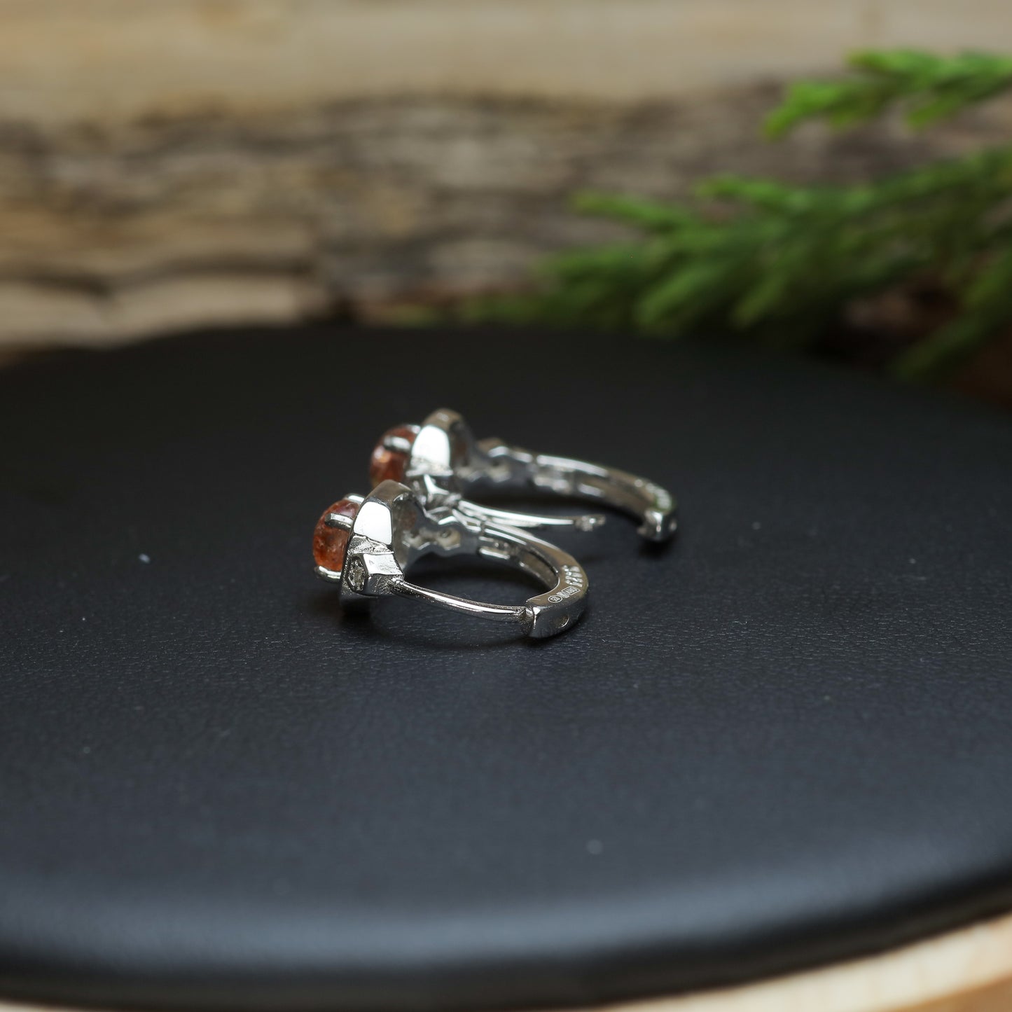 Natural Sunstone Hexagonal Halo Huggie Earrings